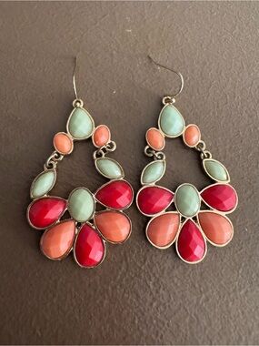 Colorblock Teardrop Floral Statement Earrings - Red, Coral & Mint